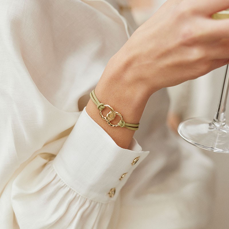 BRACELET FEMME FLOWERS FOR ZOE LLIONA VERT TILLEUL EN ARGENT DORE ET CUIR VERT 17 CM