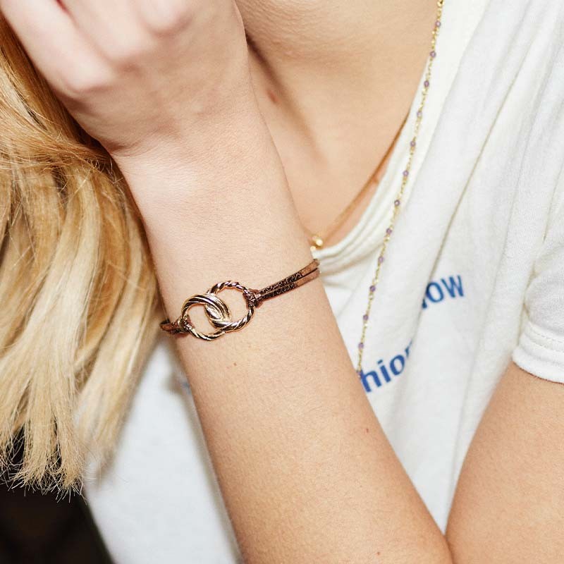 BRACELET FEMME FLOWERS FOR ZOE LLIONA METALLIC BROWN EN ARGENT DORE ET CUIR MARRON 18 CM