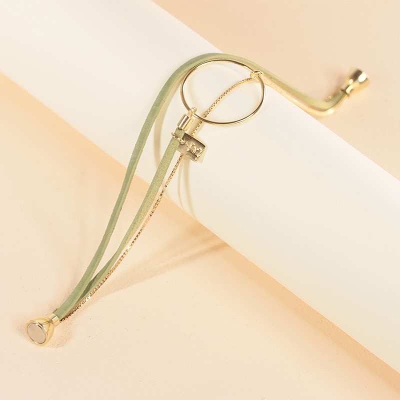 BRACELET FEMME FLOWERS FOR ZOE NOLAH VERT TILLEUL EN ARGENT DORE ET CUIR VERT 17 CM