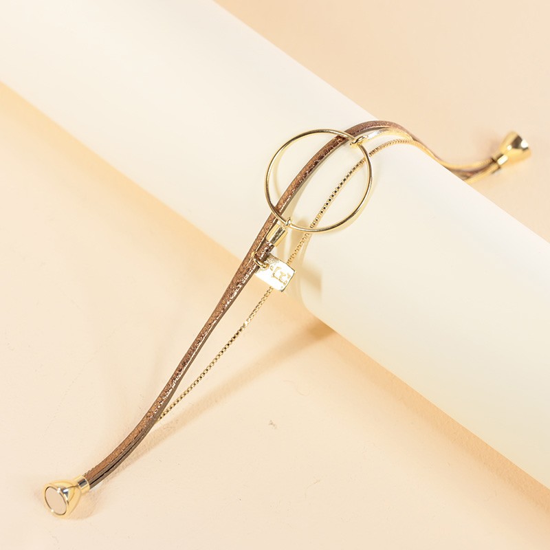 BRACELET FEMME FLOWERS FOR ZOE NOLAH METALLIC BROWN EN ARGENT DORE ET CUIR MARRON BRILLANT 17 CM