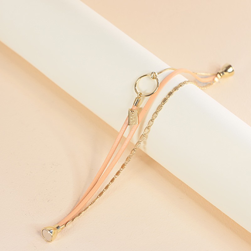 BRACELET FEMME FLOWERS FOR ZOE TABATHA BLOOM EN ARGENT DORE ET CUIR ROSE 18 CM