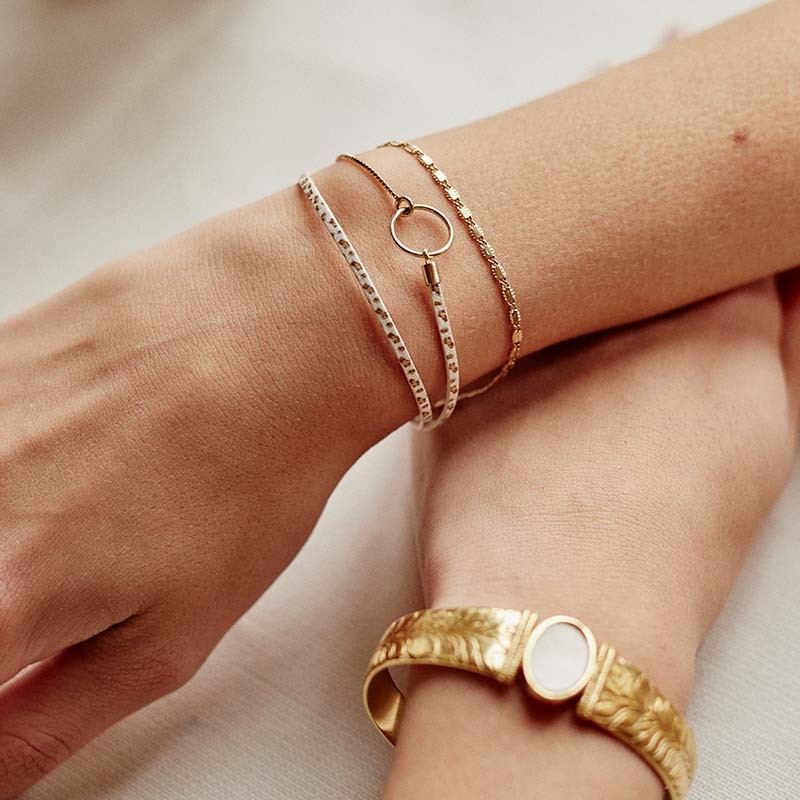 BRACELET FEMME FLOWERS FOR ZOE TABATHA SABLE LEO EN ARGENT DORE ET CUIR 18 CM