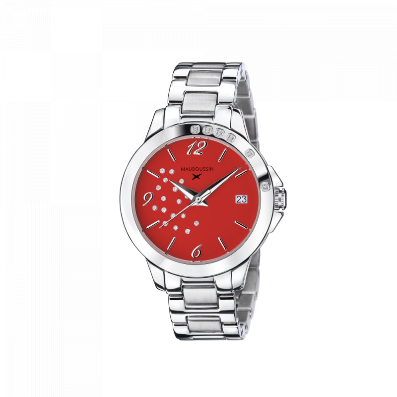 MONTRE FEMME MAUBOUSSIN SO URGENT ROUGE EN ACIER ARGENTE