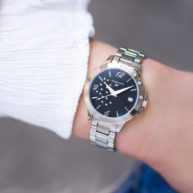 MONTRE FEMME MAUBOUSSIN SO URGENT NOIRE EN ACIER ARGENTE