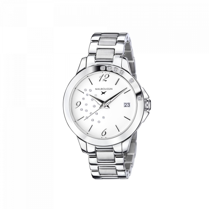 MONTRE FEMME MAUBOUSSIN SO URGENT BLANCHE EN ACIER ARGENTE