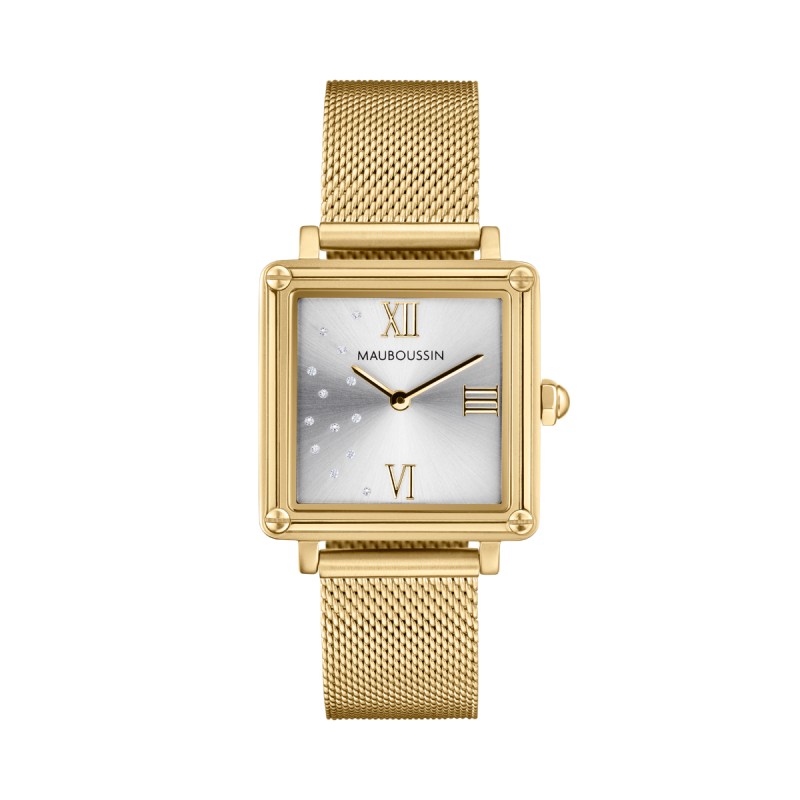 MONTRE FEMME MAUBOUSSIN REVENDICATION CARRE EN ACIER DORE MAILLES MILANAISES