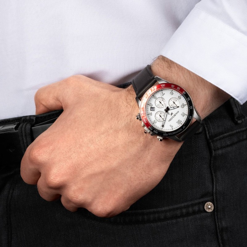 MONTRE HOMME MAUBOUSSIN RAGE DE VIVRE BRACELET CUIR NOIR TACHYMETRE ROUGE ET NOIR