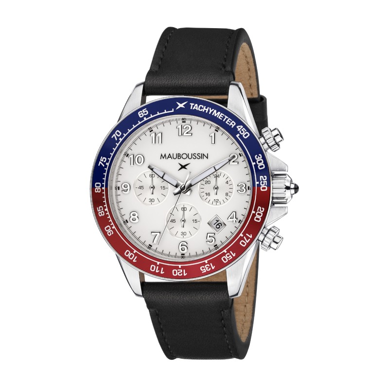 MONTRE HOMME MAUBOUSSIN RAGE DE VIVRE BRACELET CUIR NOIR TACHYMETRE ROUGE ET BLEU