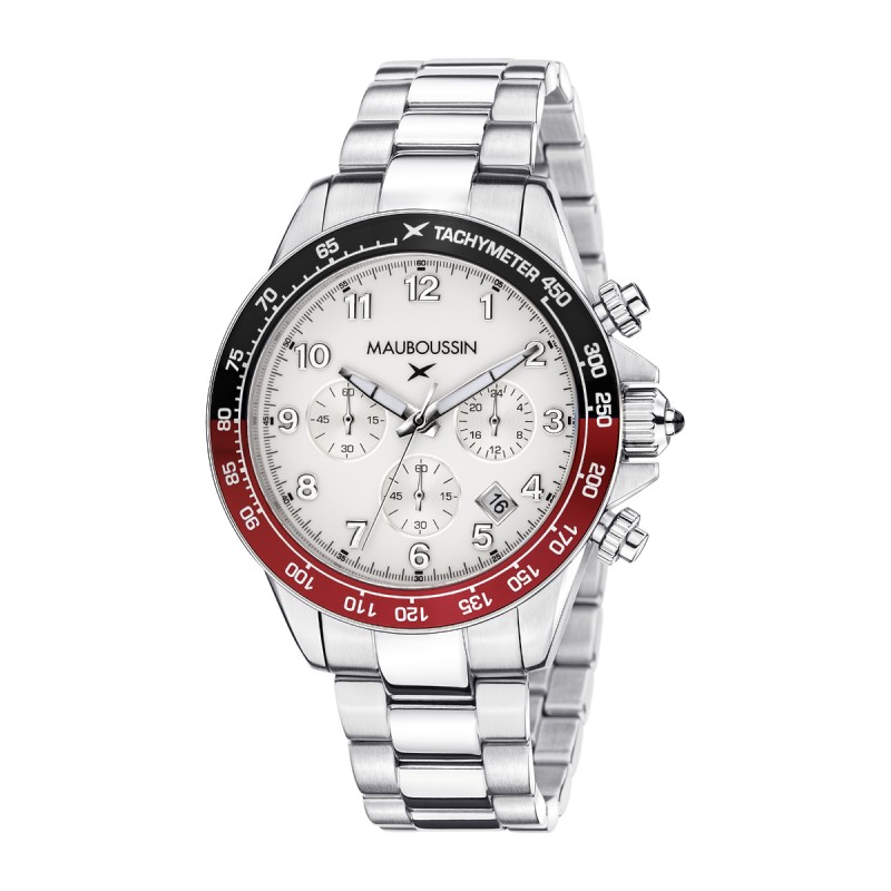 MONTRE HOMME MAUBOUSSIN RAGE DE VIVRE BRACELET ACIER TACHYMETRE ROUGE ET NOIR