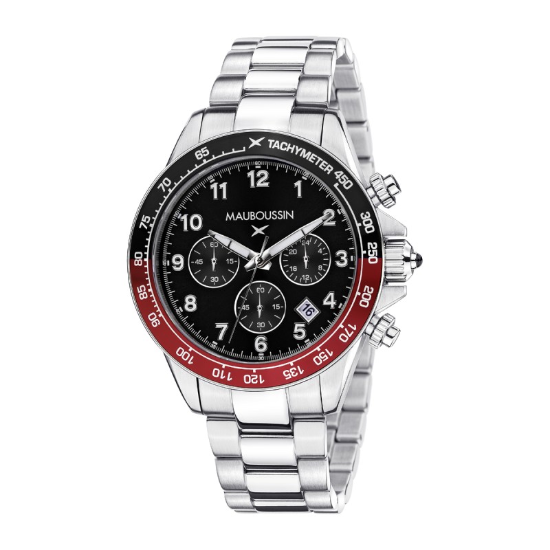 MONTRE HOMME MAUBOUSSIN RAGE DE VIVRE  CADRAN NOIR BRACELET ACIER TACHYMETRE ROUGE ET NOIR