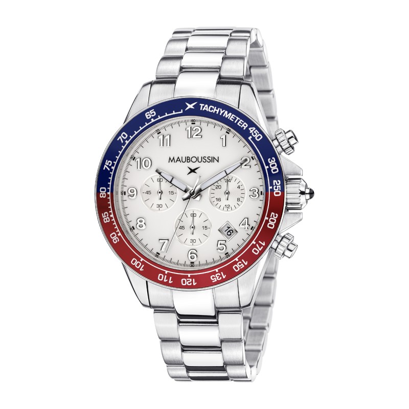 MONTRE HOMME MAUBOUSSIN RAGE DE VIVRE BRACELET ACIER TACHYMETRE ROUGE ET BLEU