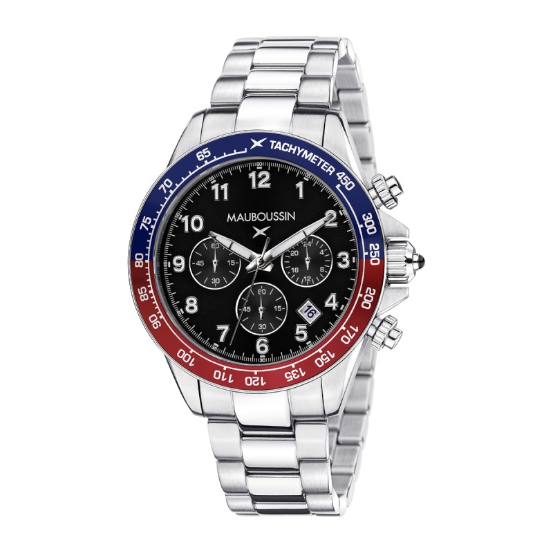 MONTRE HOMME MAUBOUSSIN RAGE DE VIVRE  CADRAN NOIR BRACELET ACIER TACHYMETRE ROUGE ET BLEU