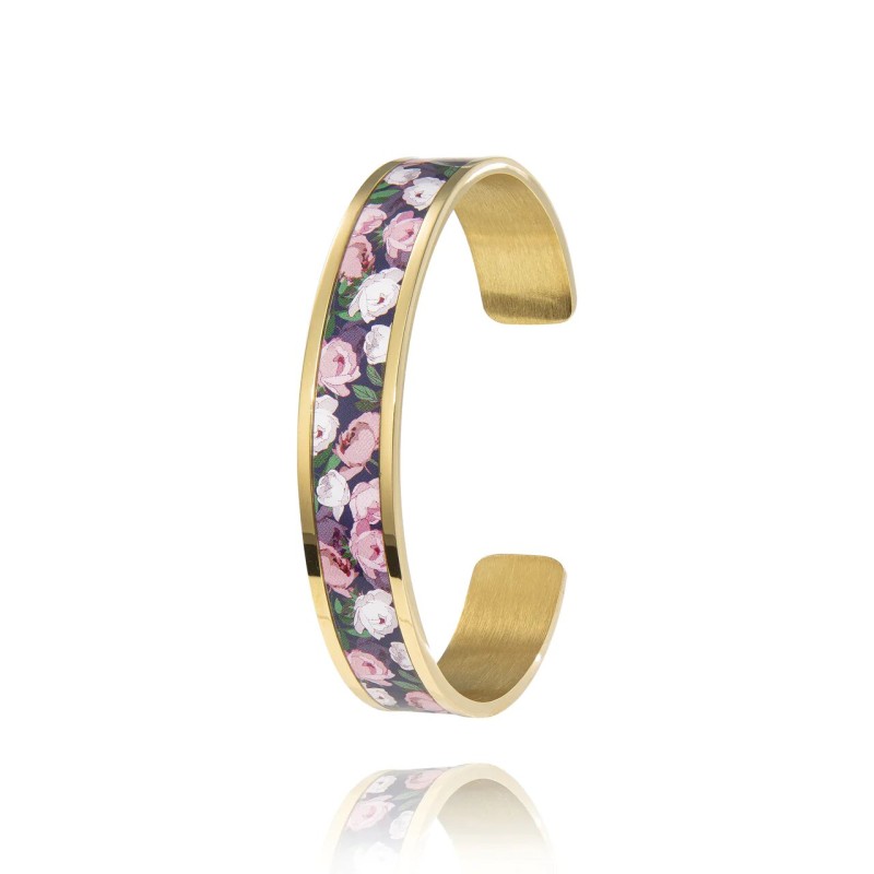 MANCHETTE FINE LOUISE'S GARDEN PIVOINE ROSE EN ACIER DORE 1.2CM