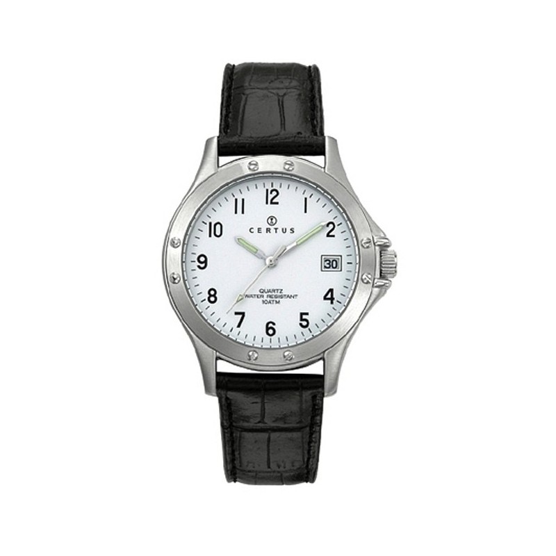 MONTRE CERTUS HOMME BRACELET CUIR NOIR CADRAN BLANC