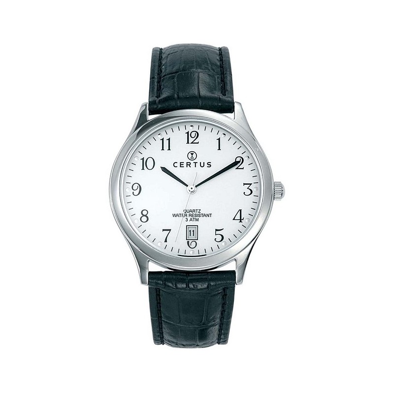 MONTRE CERTUS HOMME BRACELET CUIR NOIR CADRAN BLANC DATEUR A 6H
