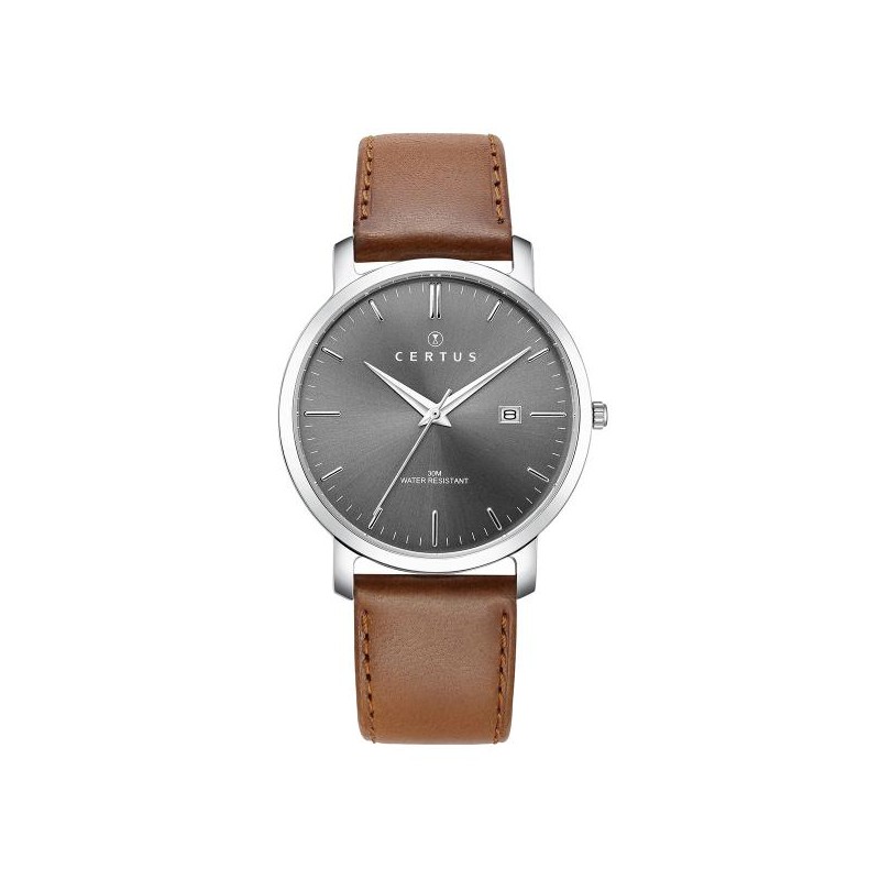 MONTRE CERTUS HOMME BRACELET CUIR MARRON CADRAN GRIS ARDOISE DATEUR A 3H