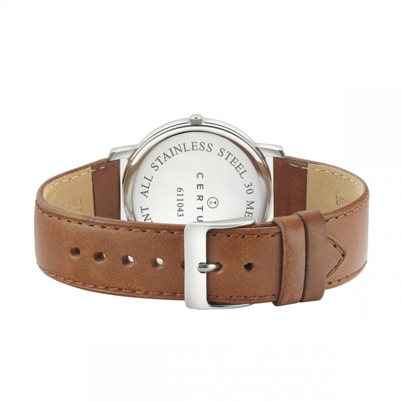 MONTRE CERTUS HOMME BRACELET CUIR MARRON CADRAN GRIS ARDOISE DATEUR A 3H