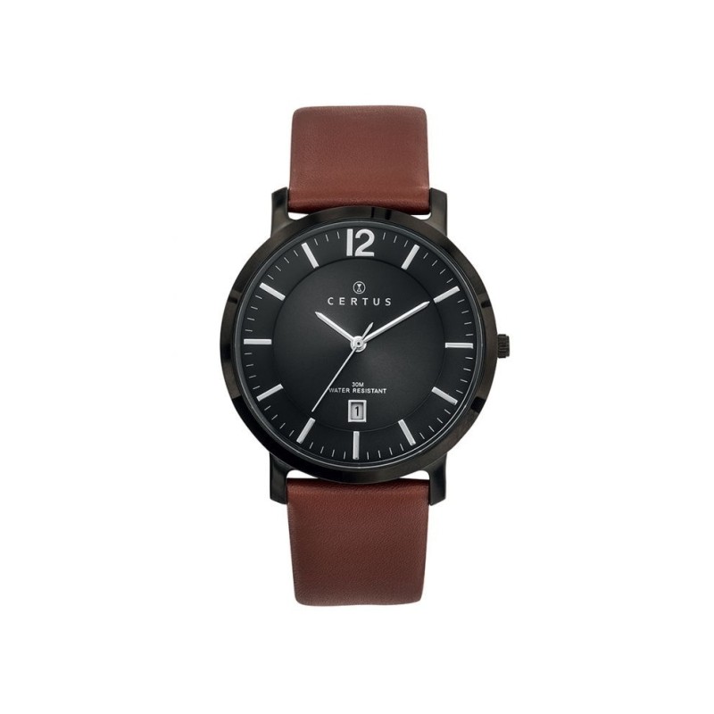 MONTRE CERTUS HOMME BRACELET CUIR MARRON CADRAN NOIR DATEUR A 6H