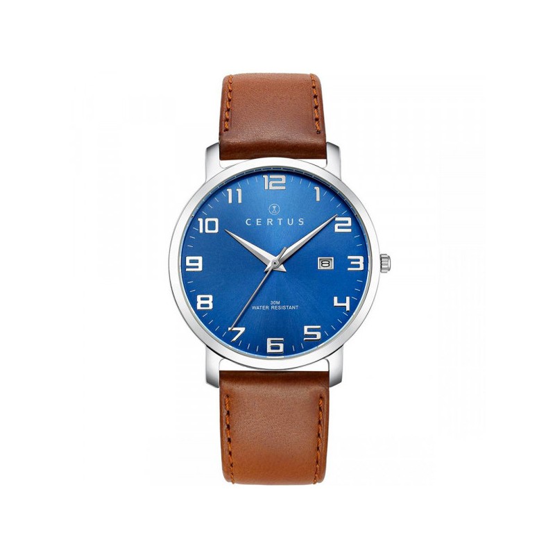 MONTRE CERTUS HOMME BRACELET CUIR MARRON CADRAN BLEU DATEUR A 3H