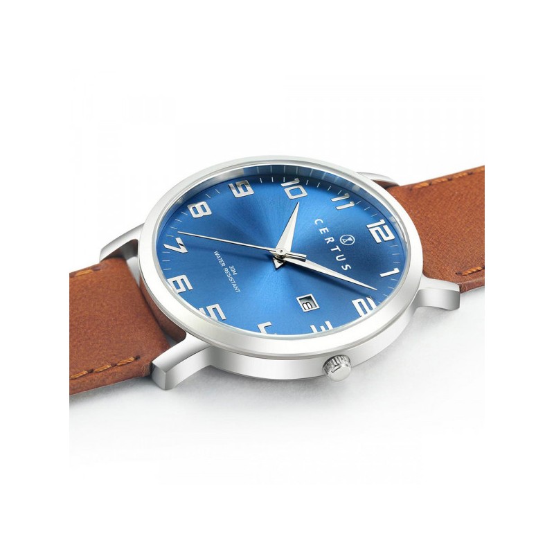 MONTRE CERTUS HOMME BRACELET CUIR MARRON CADRAN BLEU DATEUR A 3H