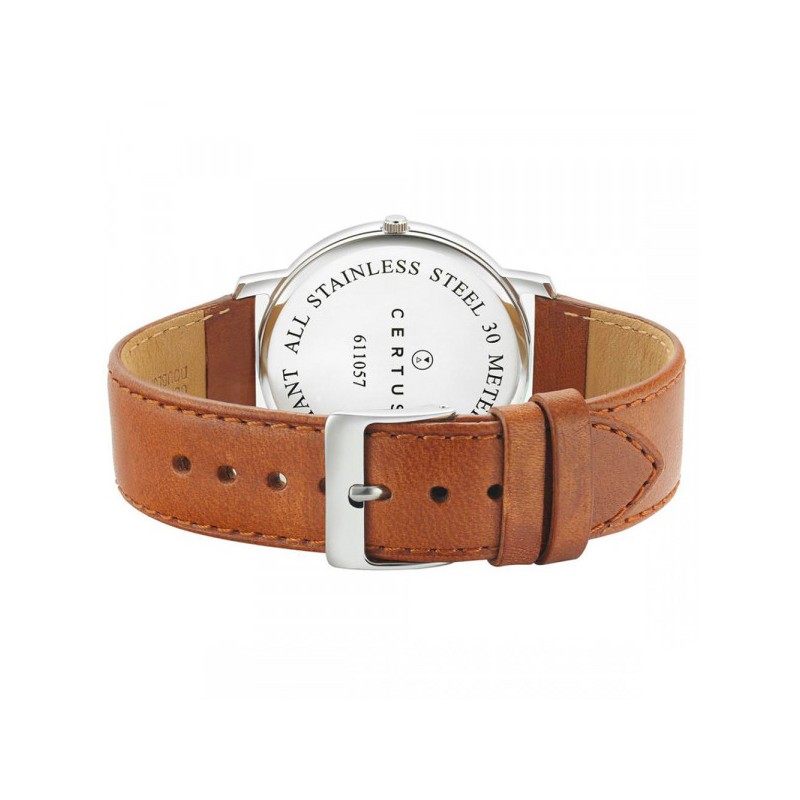 MONTRE CERTUS HOMME BRACELET CUIR MARRON CADRAN BLEU DATEUR A 3H