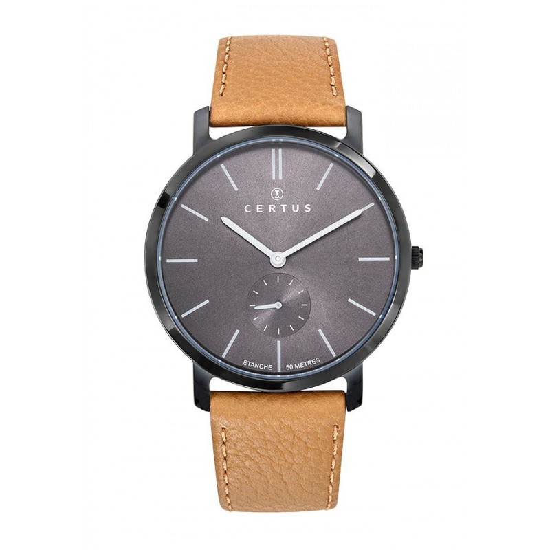 MONTRE CERTUS HOMME BRACELET CUIR MARRON CLAIR CADRAN NOIR DATEUR AIGUILLE A 6H