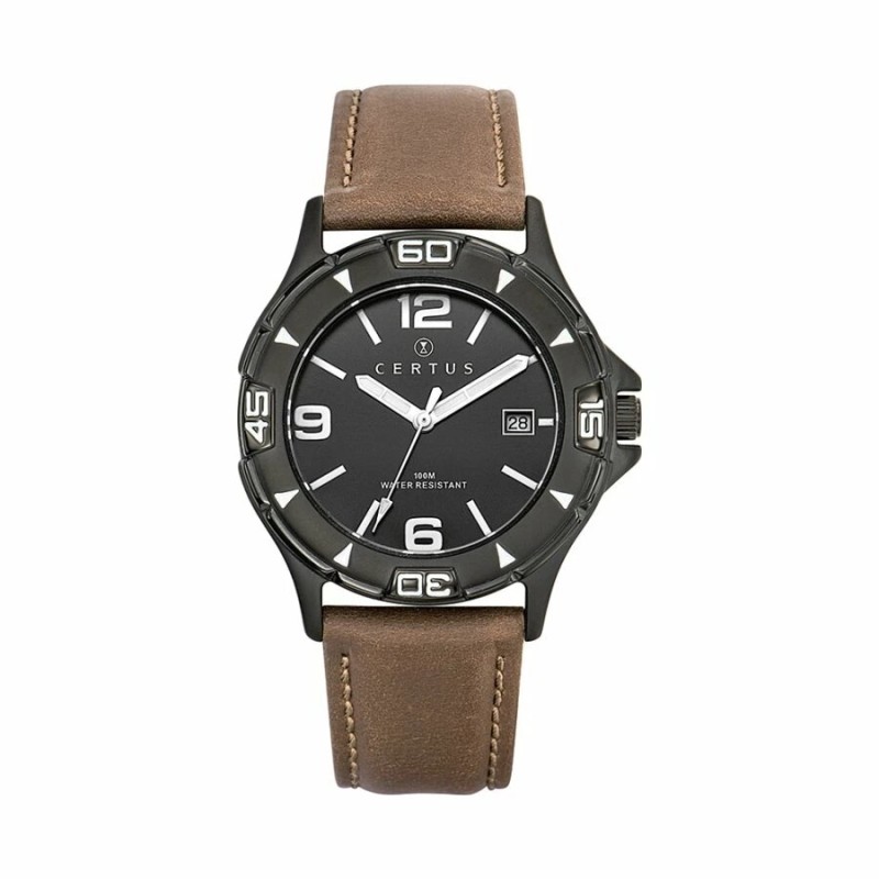 MONTRE CERTUS HOMME BRACELET CUIR MARRON CADRAN NOIR DATEUR A 3H