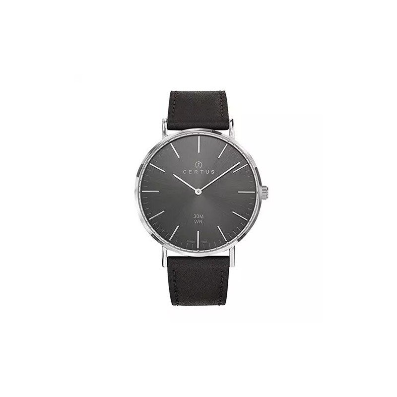 MONTRE CERTUS HOMME BRACELET CUIR NOIR CADRAN GRIS ARDOISE