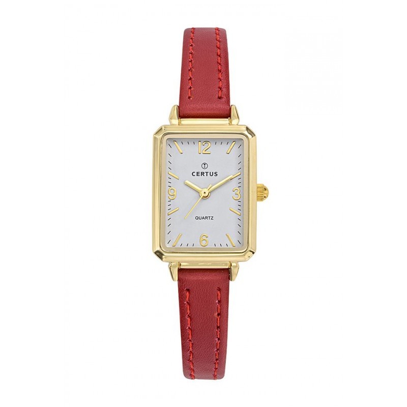 MONTRE CERTUS FEMME  BRACELET CUIR ROUGE AVEC SURPIQURES CADRAN RECTANGLE