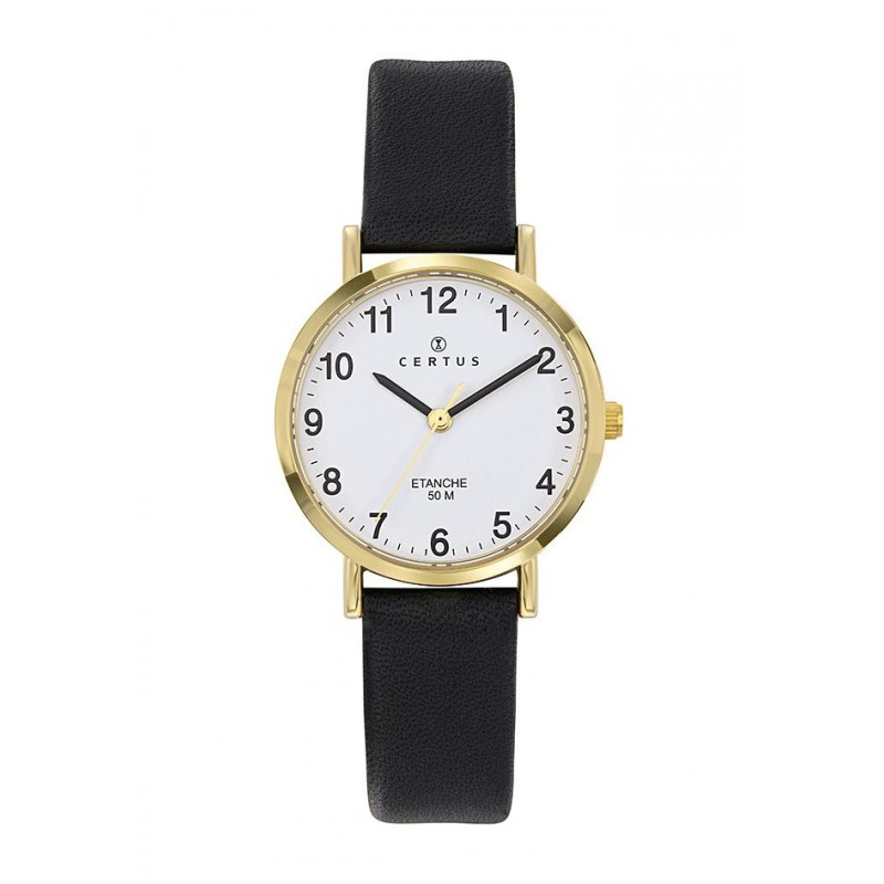 MONTRE CERTUS FEMME  BRACELET CUIR LISSE NOIR BOITIER ROND DORE