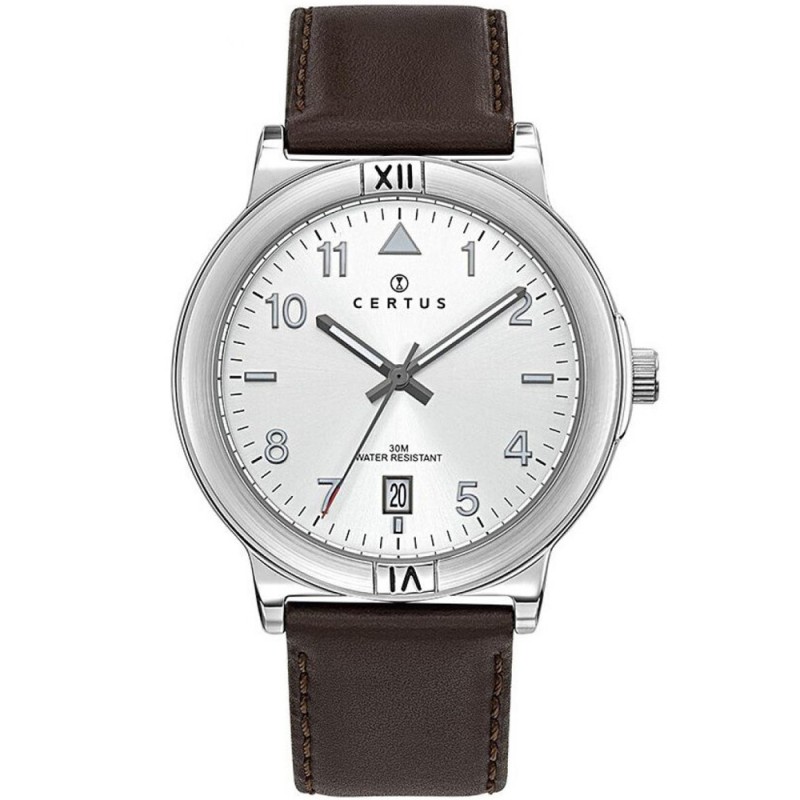 MONTRE CERTUS HOMME BRACELET CUIR BRUN FONCE  DATEUR  A 6H
