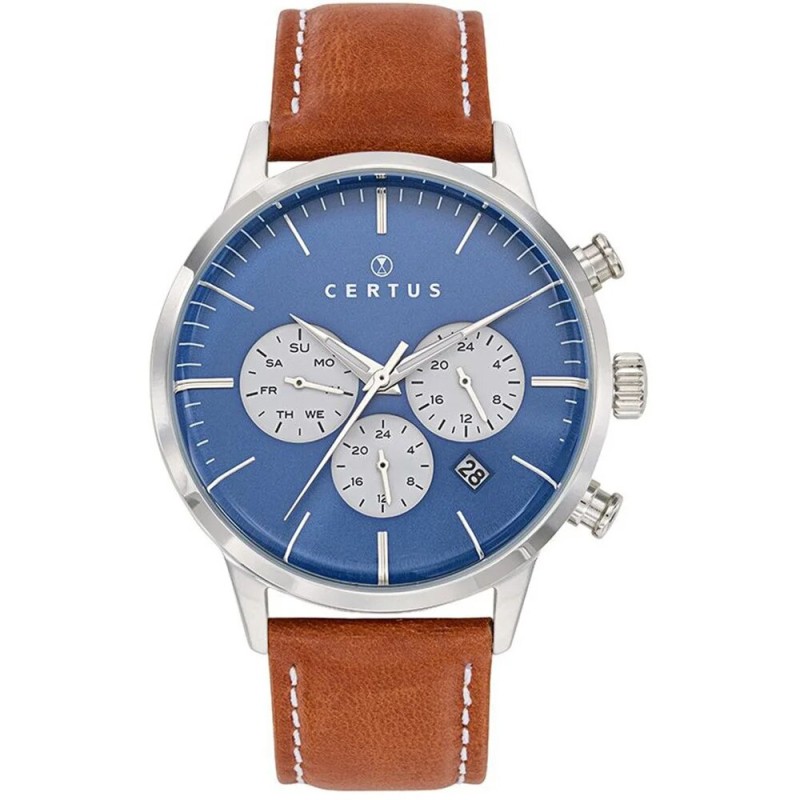 MONTRE CERTUS HOMME BRACELET CUIR MARRON CADRAN BLEU DATEUR ET CHRONOGRAPHES