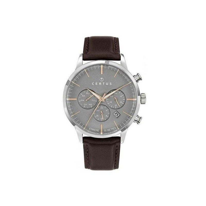 MONTRE CERTUS HOMME BRACELET CUIR MARRON FONCE CADRAN GRIS AIGUILLES DOREES DATEUR ET CHRONOGRAPHES
