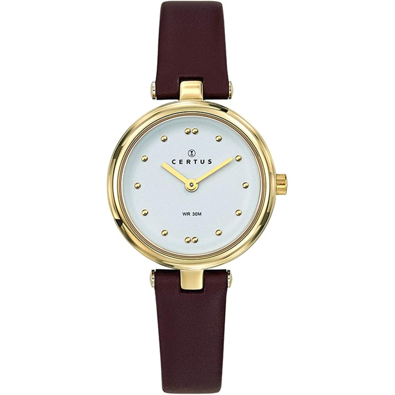 MONTRE CERTUS FEMME  BRACELET CUIR LISSE MARRON FONCE BOITIER ROND DORE