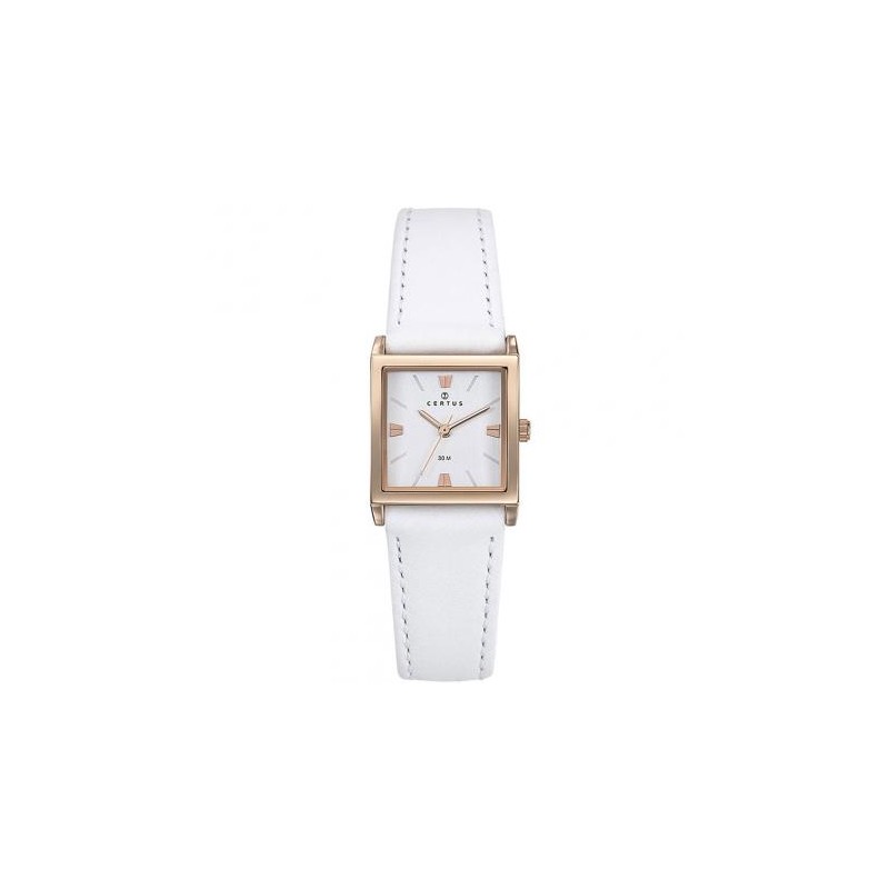 MONTRE CERTUS FEMME  BRACELET CUIR BLANC BOITIER CARRE DORE ROSE