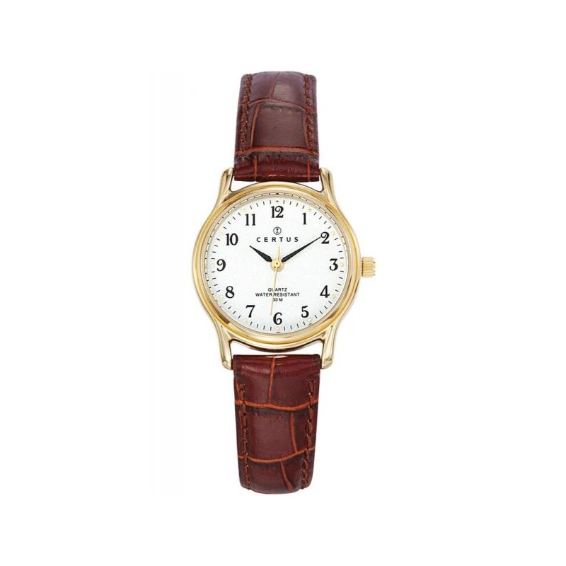 MONTRE CERTUS FEMME  BRACELET CUIR FACON CROCO MARRON FONCE BOITIER ROND DORE