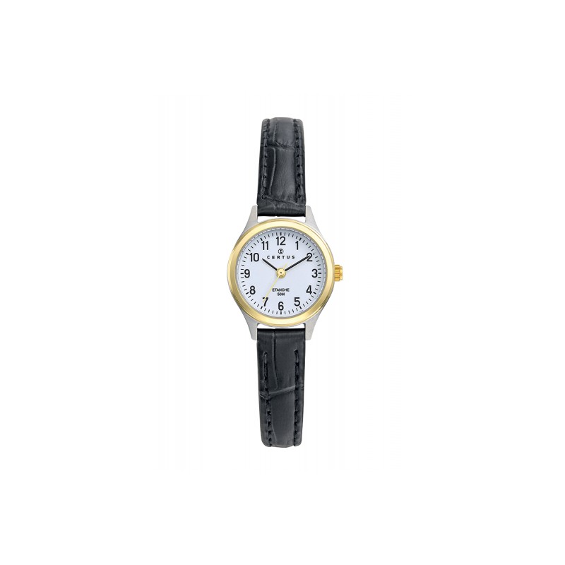 MONTRE CERTUS FEMME  BRACELET CUIR NOIR  BOITIER ROND BICOLORE