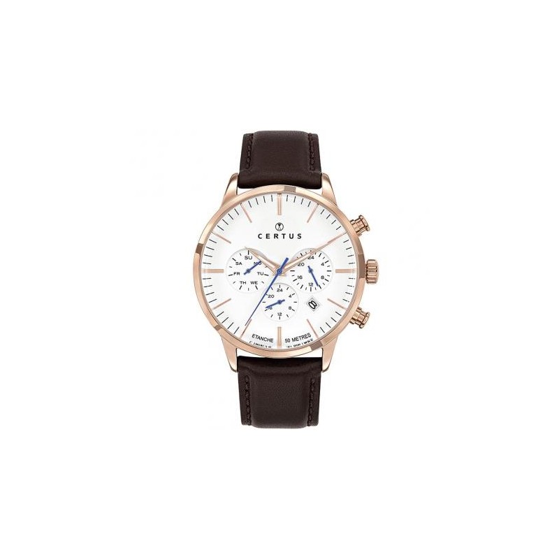 MONTRE CERTUS HOMME BRACELET CUIR MARRON FONCE CADRAN BLANC BOITIER DORE ROSE DATEUR ET CHRONOGRAPHES