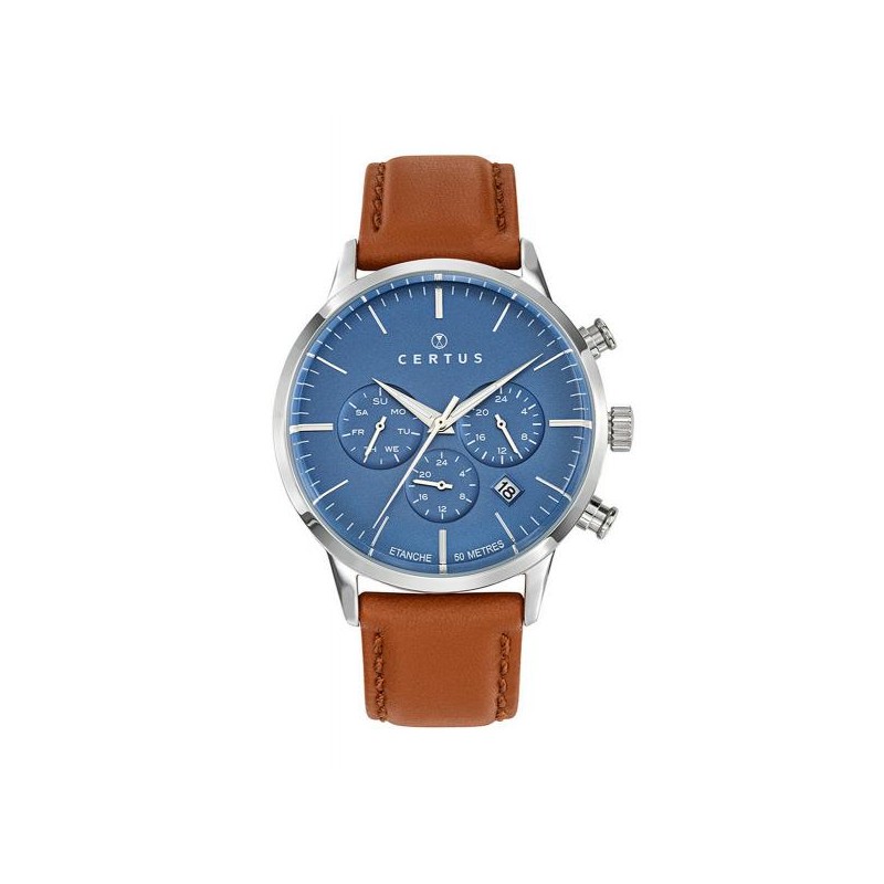 MONTRE CERTUS HOMME BRACELET CUIR MARRON CADRAN BLEU DATEUR ET CHRONOGRAPHES