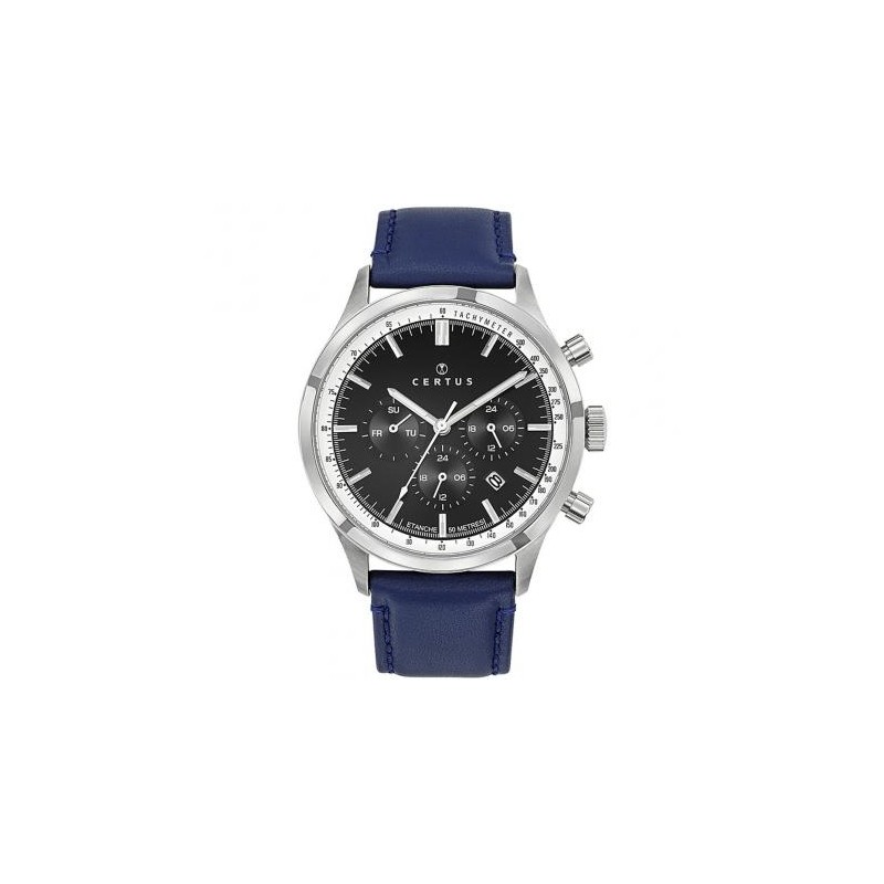 MONTRE CERTUS HOMME BRACELET CUIR BLEU CADRAN NOIR MULTIFONCTIONS