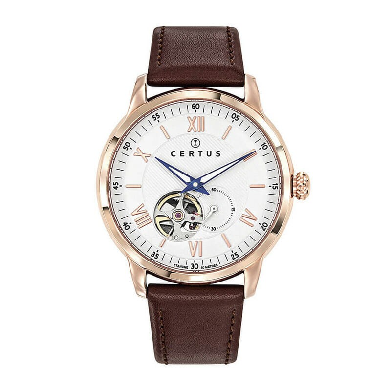 MONTRE HOMME  AUTOMATIQUE CERTUS BRACELET CUIR MARRON CADRAN BLANC