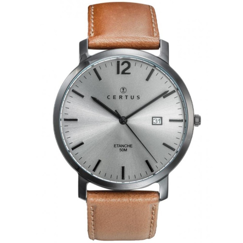MONTRE CERTUS HOMME BRACELET CUIR MARRON CADRAN GRIS DATEUR A 3H