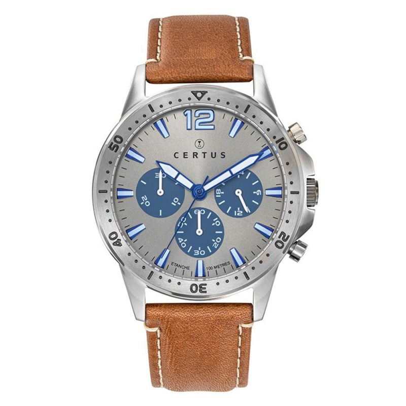 MONTRE CERTUS HOMME BRACELET CUIR MARRON CADRAN GRIS ET BLEU CHRONOGRAPHES