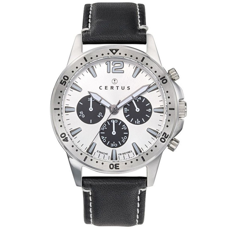 MONTRE CERTUS HOMME BRACELET CUIR NOIR CADRAN GRIS ARGENTE ET  CHRONOGRAPHES