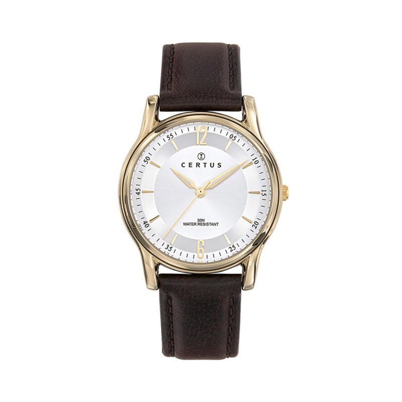 MONTRE CERTUS HOMME BRACELET CUIR  MARRON BRUN BOITIER  DORE CADRAN ARGENTE