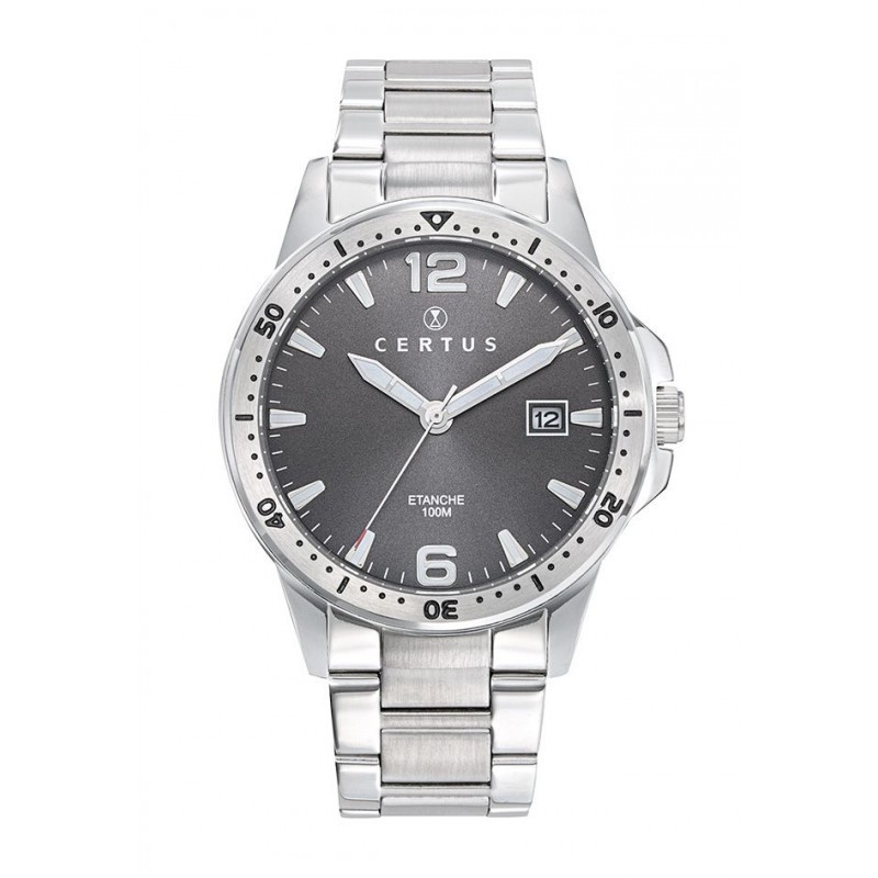 MONTRE CERTUS HOMME BRACELET ACIER DATEUR A 3H CADRAN GRIS ARDOISE