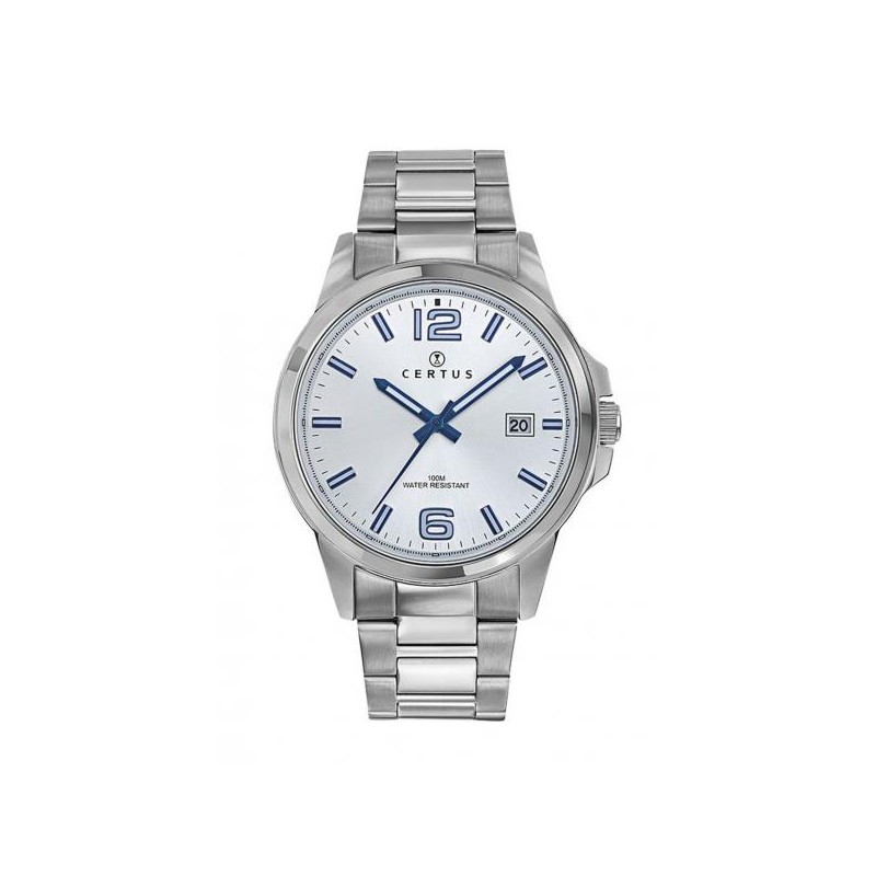 MONTRE CERTUS HOMME BRACELET ACIER DATEUR A 3H INDEX ET AIGUILLES BLEUS