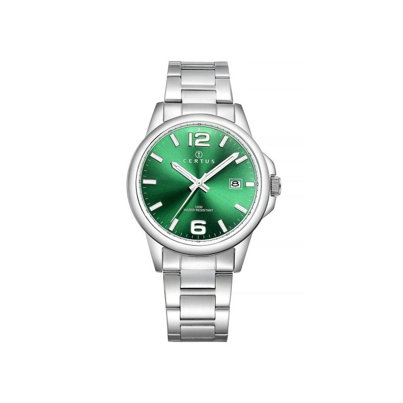 MONTRE CERTUS HOMME BRACELET ACIER DATEUR A 3H CADRAN VERT