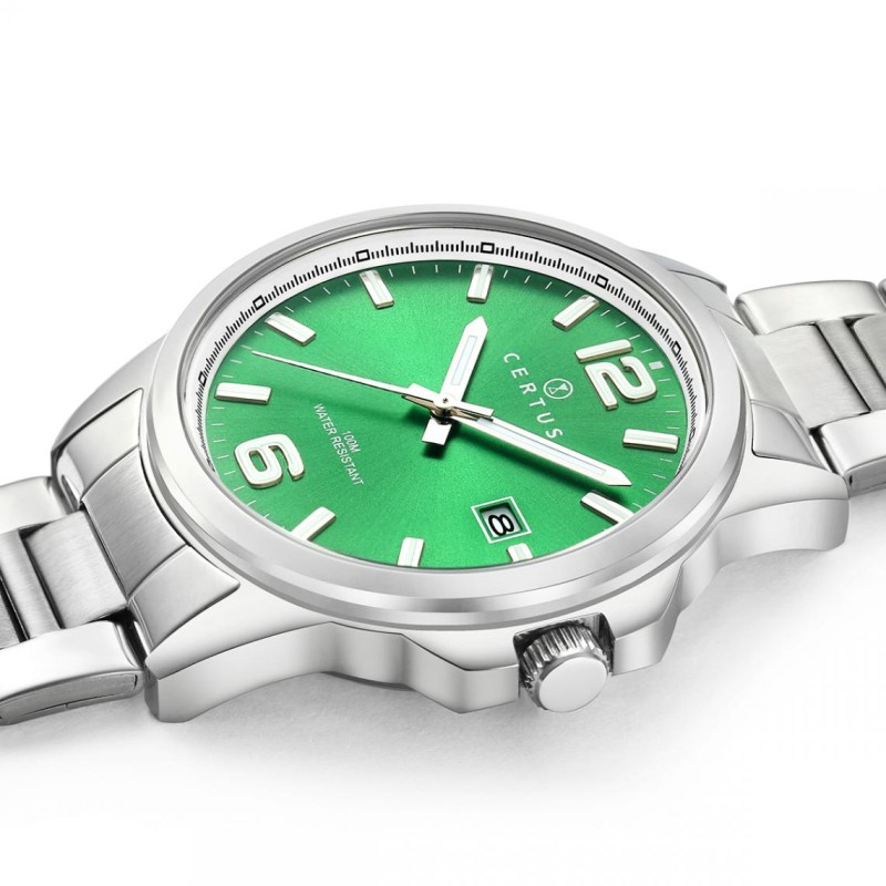 MONTRE CERTUS HOMME BRACELET ACIER DATEUR A 3H CADRAN VERT