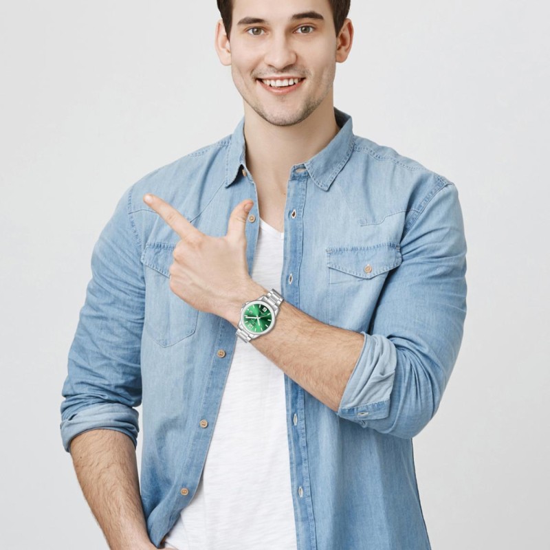 MONTRE CERTUS HOMME BRACELET ACIER DATEUR A 3H CADRAN VERT